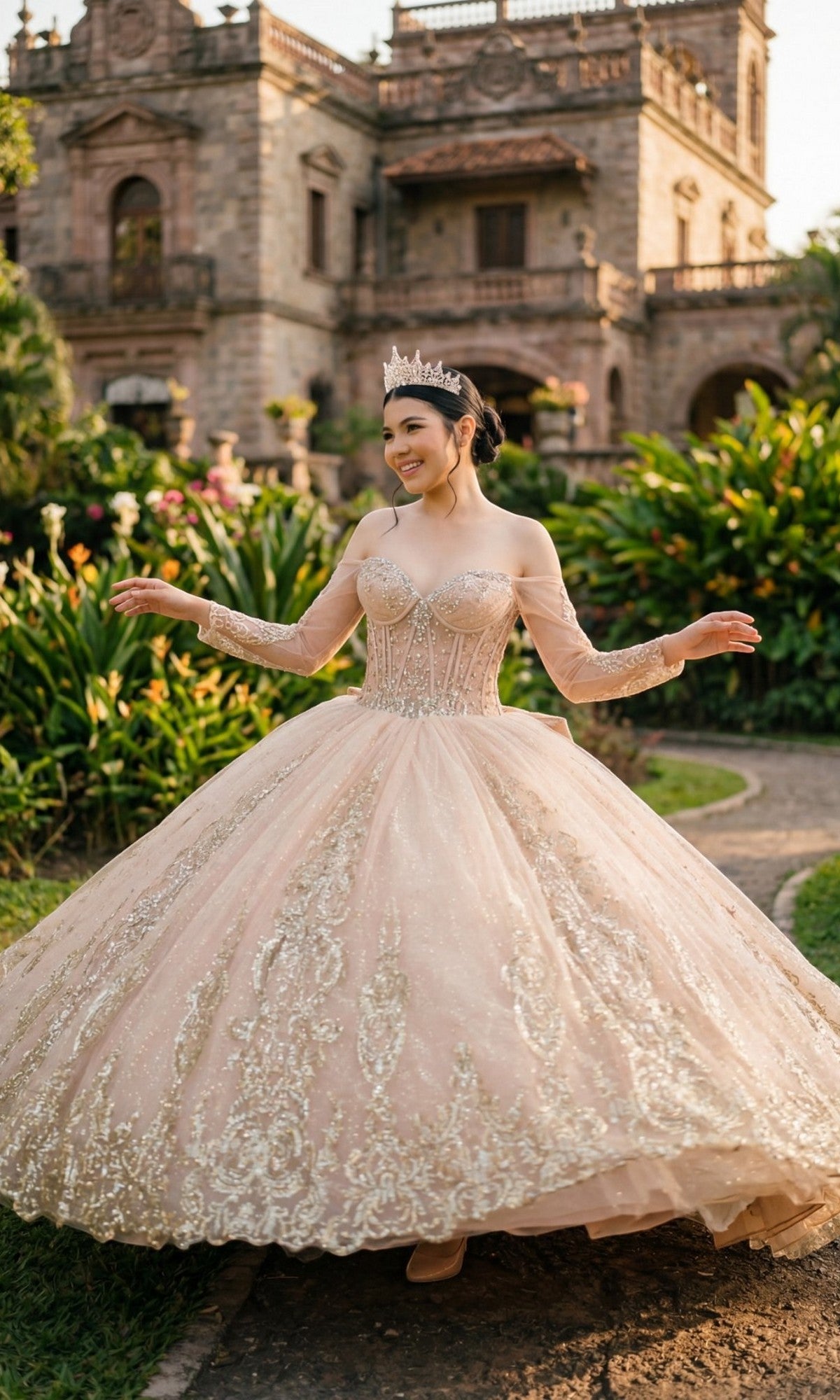 A woman in the Quinceanera Dress 8545JQ By Cinderella Couture, a pink ball gown with beaded sequin details and an off-shoulder sweetheart neckline, smiles outdoors on a garden path with a historic stone building behind her.